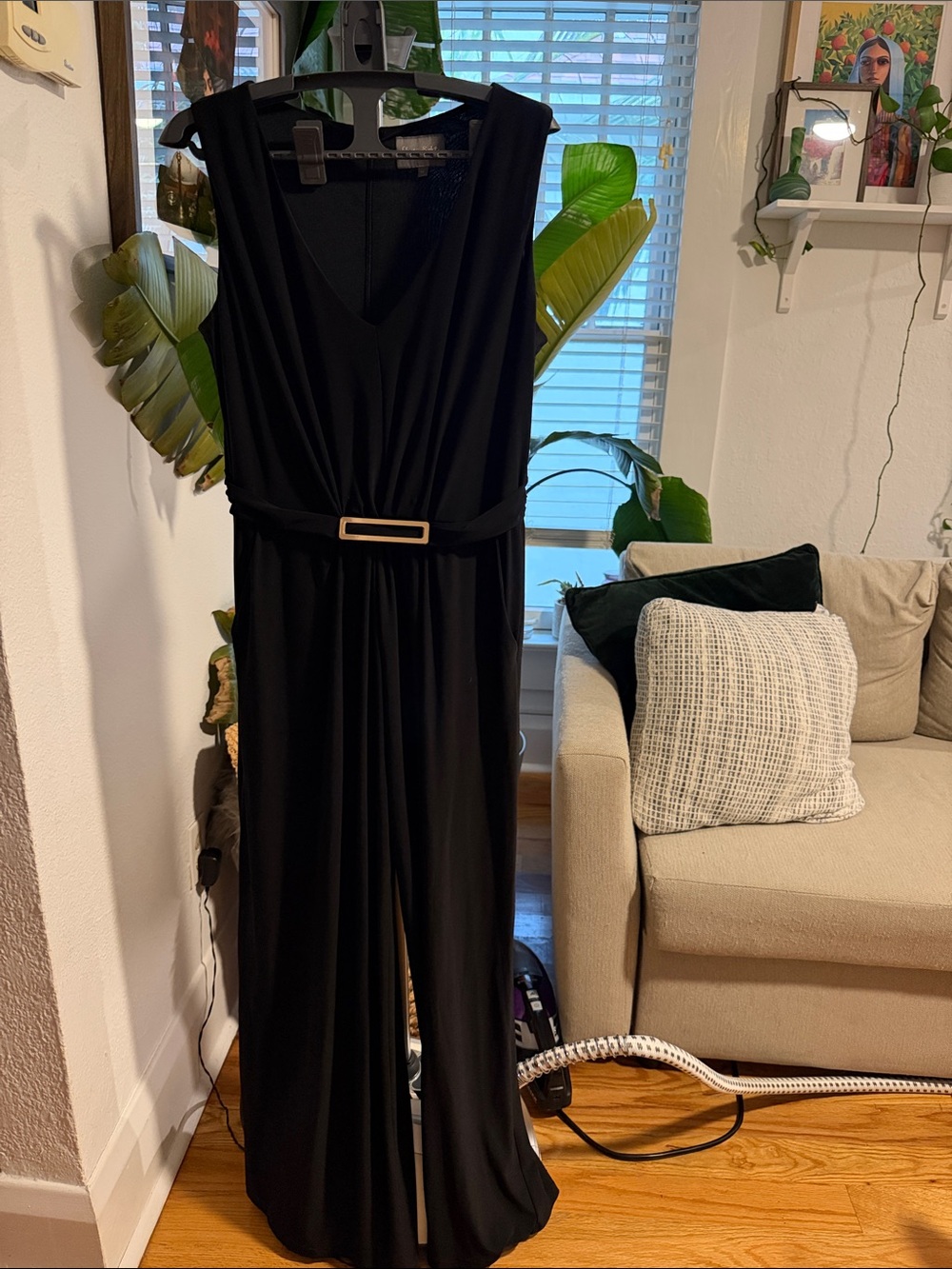 Sleeveless Black V-Neck Jumpsuit with Belt Detail